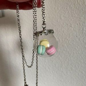 Silver tone jar of Macaron cookies necklace